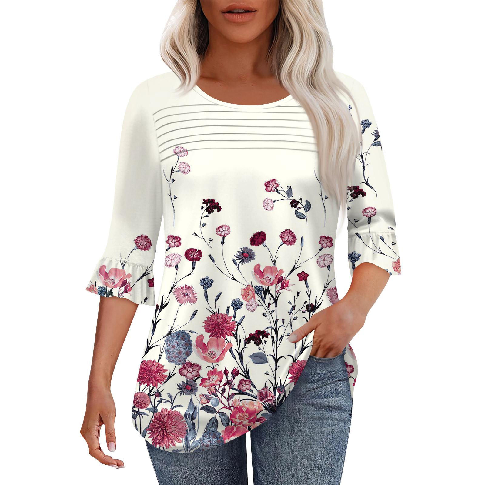 

Женская мода круглый вырез шея плиссированный спереди напечатанные точки расклешенный топ рукав 3/4 L бежевый