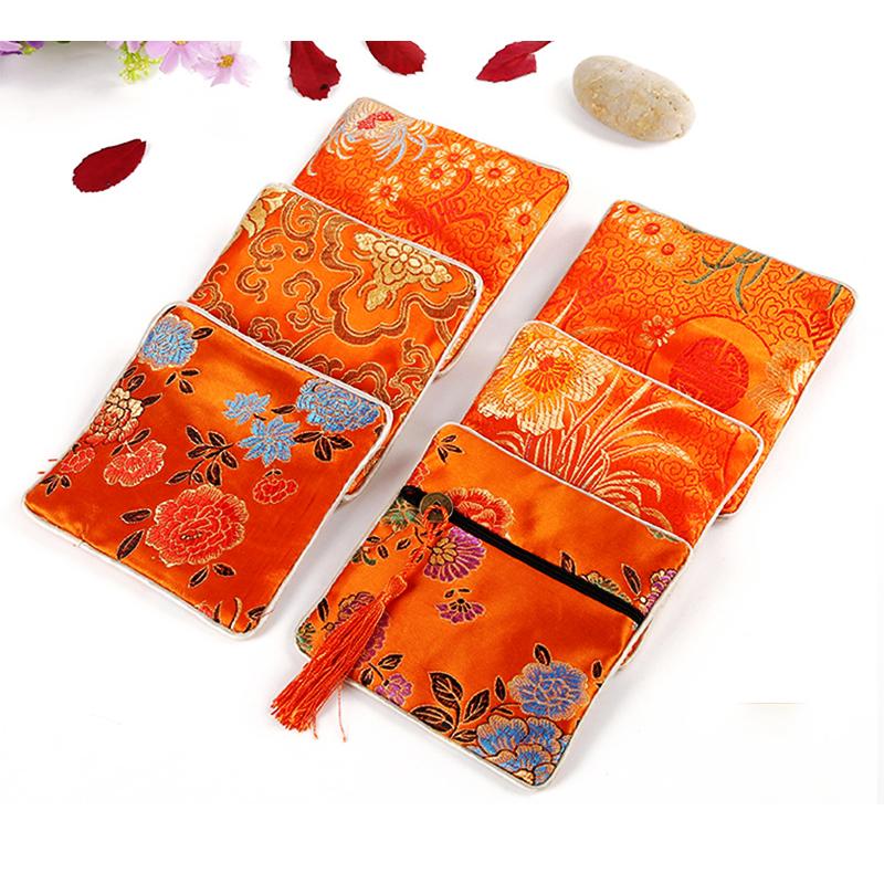 Chinese Brocade Jewelry Storage Bag Handmade Silk Embroidery Padded Small Zipper Tassel Jewelry Organizer Pouch Satin Gift Bag