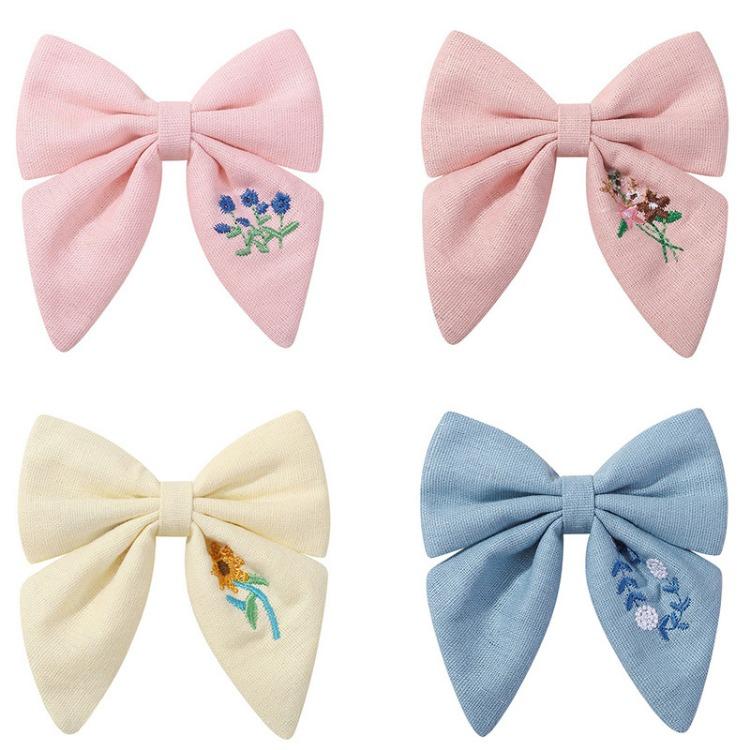 Flower Embroidery Bow Hair Clip Sweet Princess Girls Hair Clips Handmade Ribbon Bangs Hairpin Cute Bowknot Barrettes Headwear