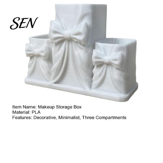 Aesthetic Desk Decor for Girls 3D Printed Makeup Storage Box with Bow Design, Desktop Cosmetic Organizer Cosmetics Vanity Table, Three Compartments