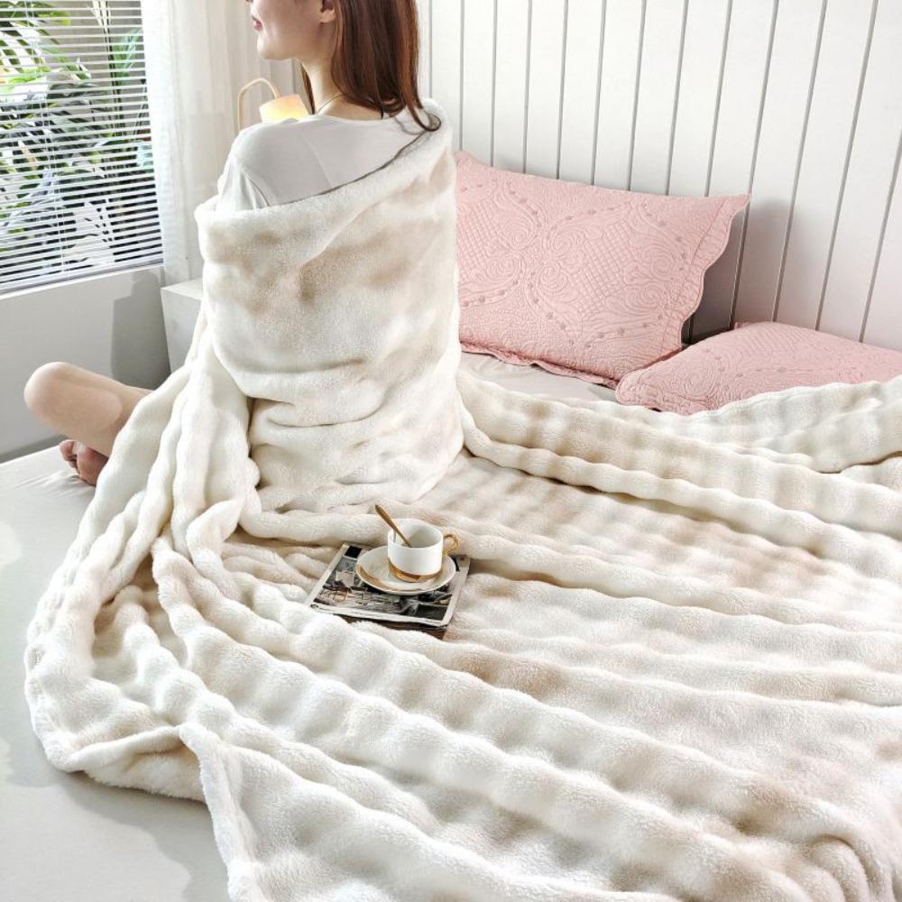 New Faux Rabbit Fur Warm Blanket Double Sided Skin-Friendly Throw Blanket Ultra Soft Solid Color Plush Striped Blankets