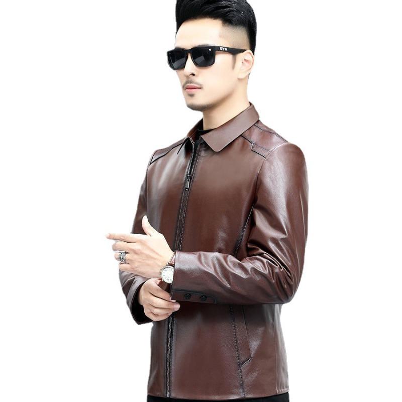 Spring and Autumn new style first-layer soft cowhide middle-aged genuine leather jacket men's lapel Korean style slim leather jacket