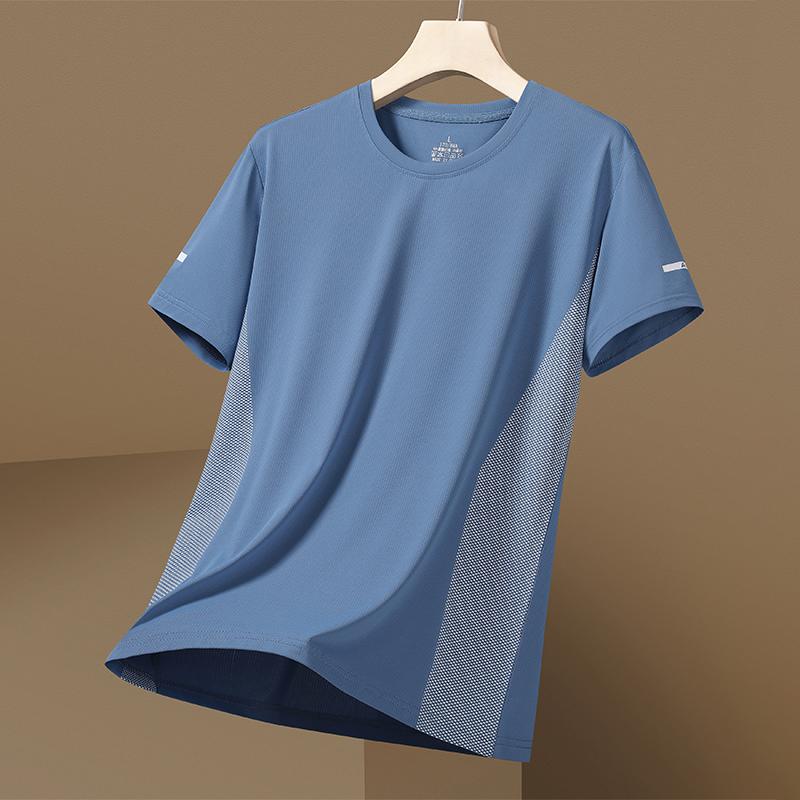 Summer Ice Silk Short Sleeve T-shirt for Men, Summer Sports and Leisure Elastic Round Neck Running T-shirt
