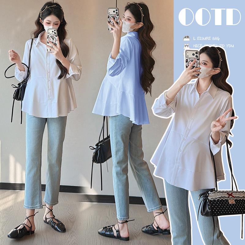 2026 Spring Women s Loose Maternity Shirt - Korean Style, Lapel, Long Sleeve, Simple Belly Coverage 2XL белый
