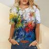 Women's summer round neck temperament breathable short-sleeved blue floral pattern top loose casual wear