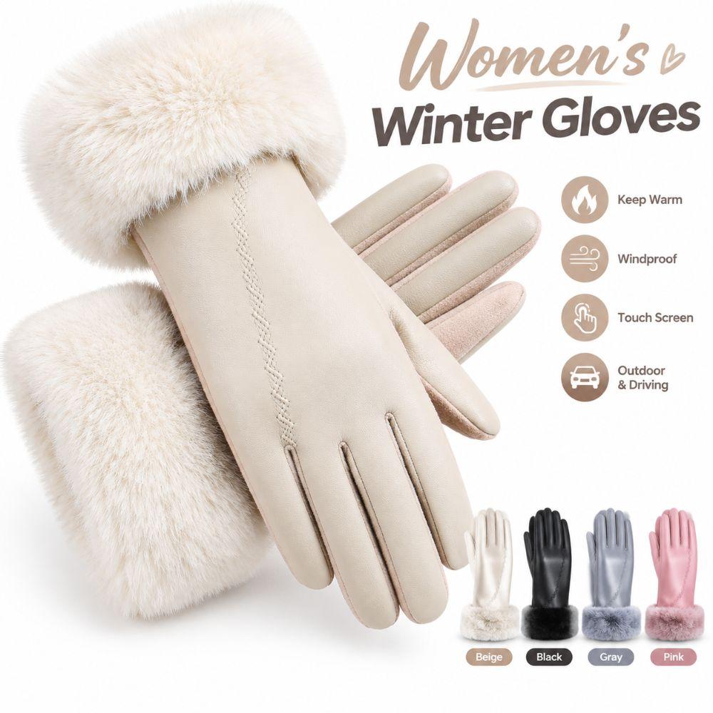 Faux Fur Trim Touchscreen Plush Gloves Fluffy Cycling Windproof Gloves Women