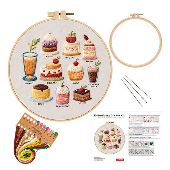 Yousheng 1 Set Cake Embroidery Kit with Hoop Threads Needles Pre-Stamped Dessert Cross Stitch Craft Embroidery Starter Kit DIY Enthusiasts Gift F