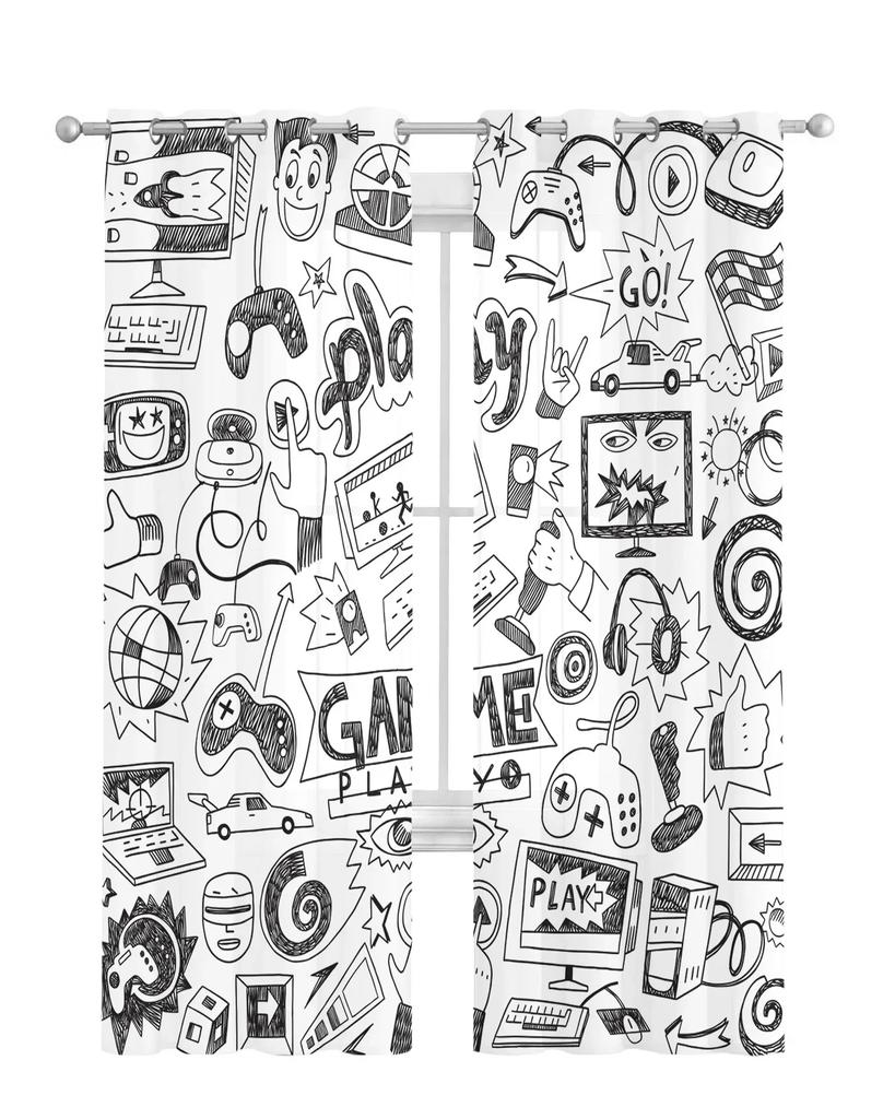 Hrát hru Černobílé Kreslené Graffiti Tylové Záclony Obývací Pokoj Ložnice Kuchyň Dekorace Šifonové Průsvitné Voálové Okenní Záclony