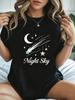 Women's Crew Neck Short Sleeve Graphic T-Shirt, Night Sky Moon and Stars Print, Summer Casual Sleepwear, Gift for Her Tops for Ladies