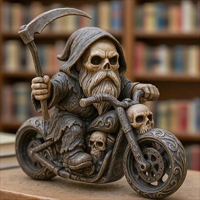 Figurka Smrťáka Kostlivec Grim Jezdec na motocyklu Pryskyřice Venkovní socha Kostlivec rytíře na motocyklu Trpaslík Socha pro zahradní dekoraci