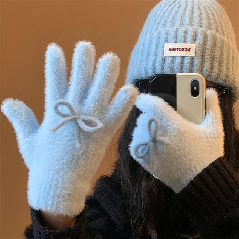 Cute Sweet Bow Plush Gloves Cold-Proof Gloves Student Winter Warm Five-Finger Gloves Women Fashion Accessories Christmas Gifts