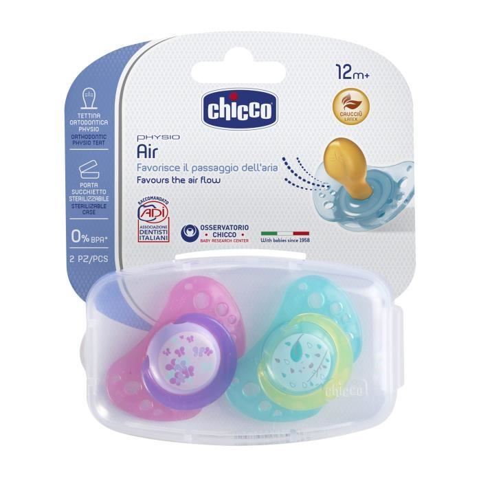 CHICCO Dudlíky Physio Air Kaučuk - Sterilizovatelná krabička - x2 - Růžové - 12m+