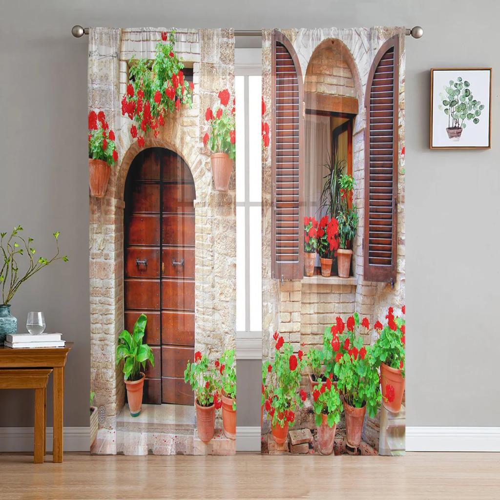 European Style Building Balcony Scenery Tulle Window Curtains Living Room Organza Sheer Voile Curtain Bedroom Kitchen Home Decor