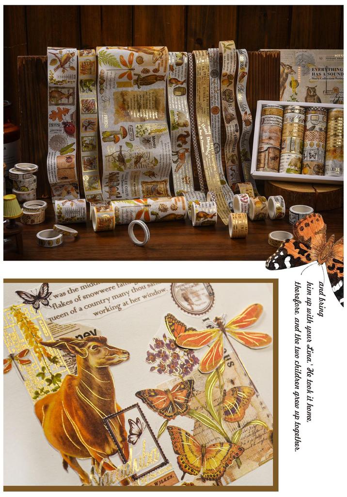 AGUGU Story Collection Gold Foil Retro Journal Washi Tape & DIY Decorative Stickers Set