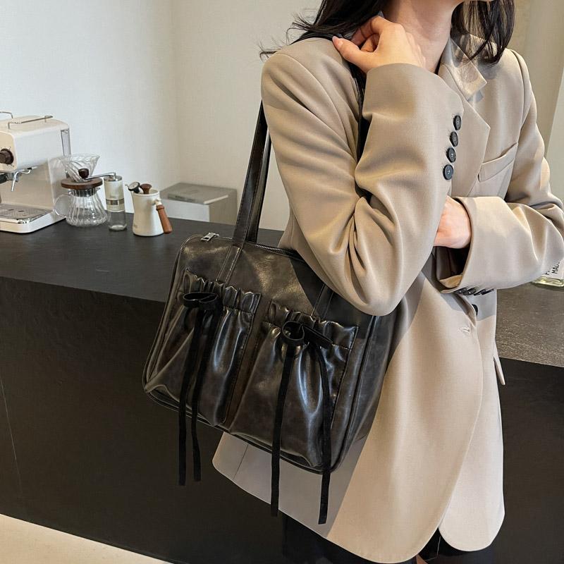 Commuter Vintage Underarm Bag Women's Bow Double Pocket Tote Bag Large Capacity Shoulder Bag