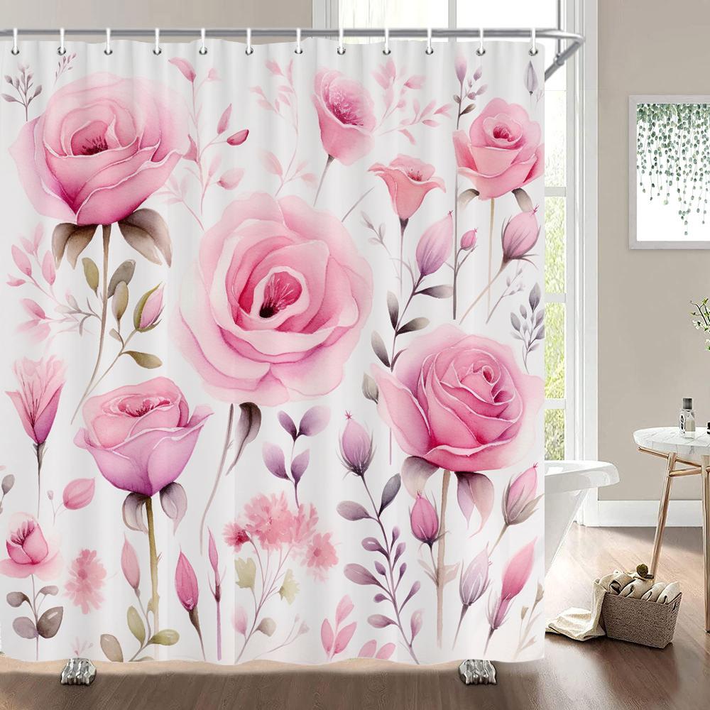 1 pack of print shower curtains Watercolor flowers, plants and butterflies bathroom curtain with hooks home decoration curtain