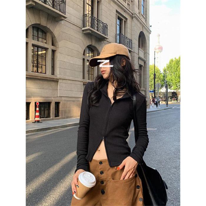 2026 Autumn Women s Versatile Ribbed Knit Slimming Cardigan with Double Zipper & Stand Collar M чёрный