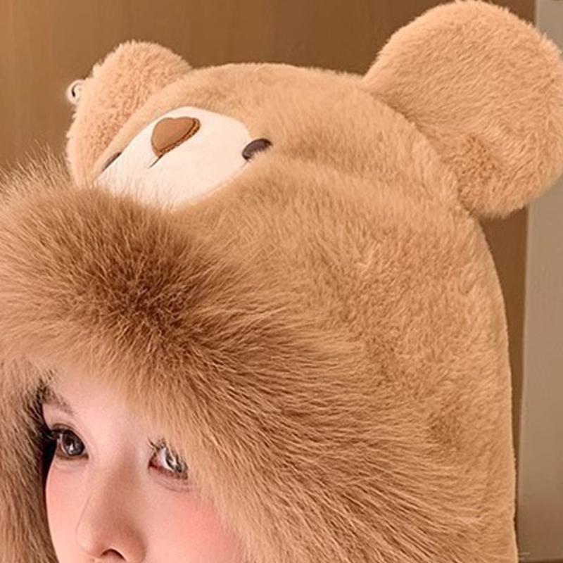 Winter Cartoon Bear Plush Hat Women Cute Warm Ear Protection All-Match Furry Lei Feng Hat