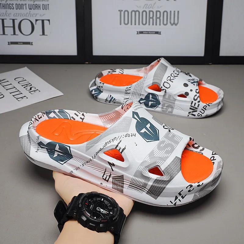 

New Fashion Men Slippers Print Men Slides Male Summer Shoes Thick Sole Comfortable Home Outdoor Stylish Massage Shoes Hot Sale 39-40