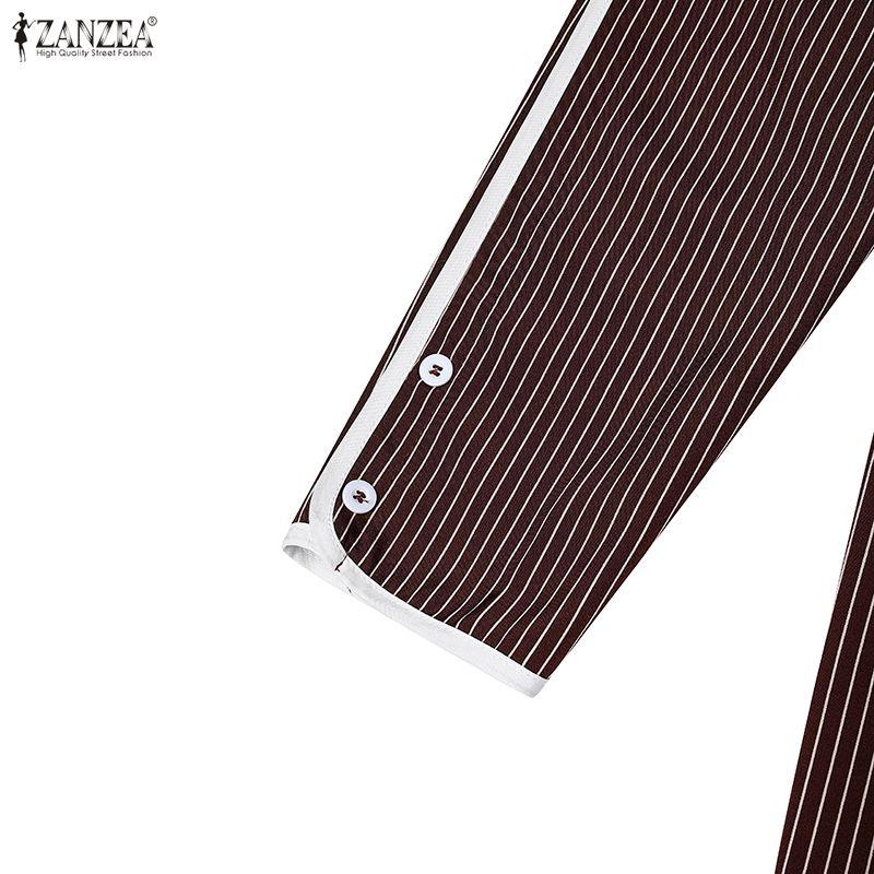 ZANZEA Oversized Dames Gestreept Lange Mouwen Maxi Jurk Knoopsteek Vintage Elegante Lange Hemdjurk