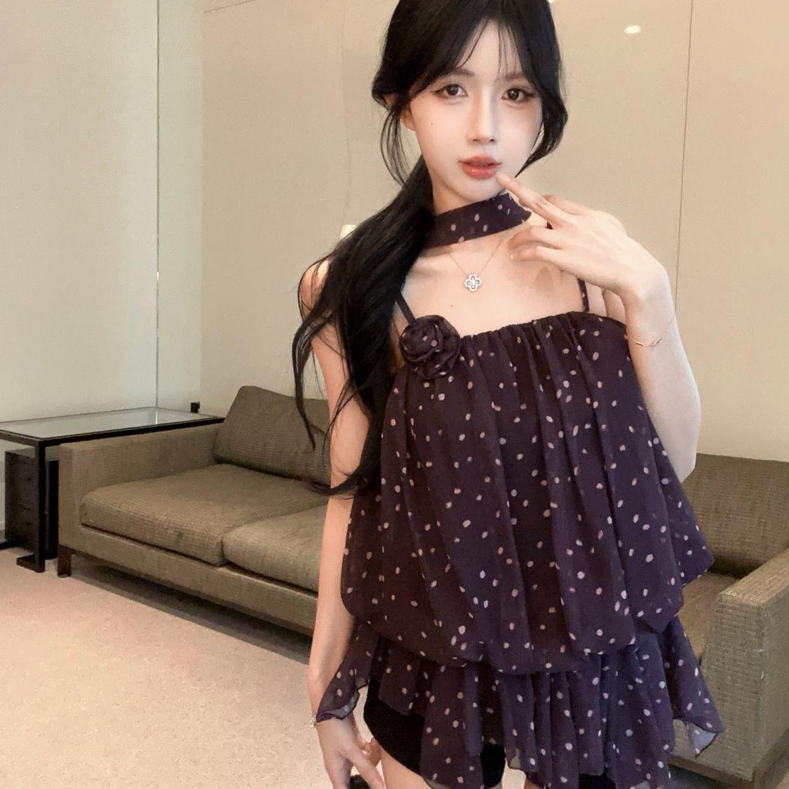 Women s Irregular French Polka Dot Chiffon Camisole Top S