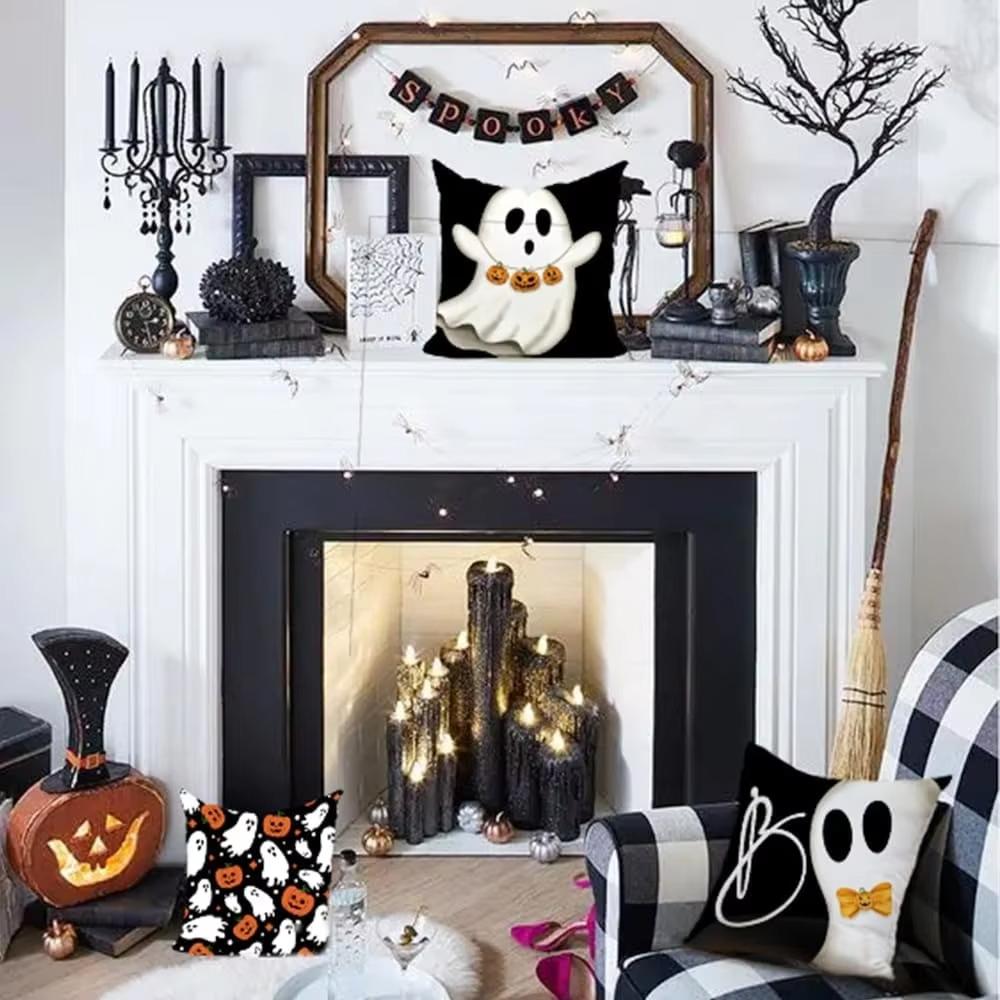 Halloween Niedliches Geist Cartoon Muster Kissenbezüge Dekorative Zuhause Doppelseitiger Druck Quadratisches Kissen Dekoration Kissenbezug