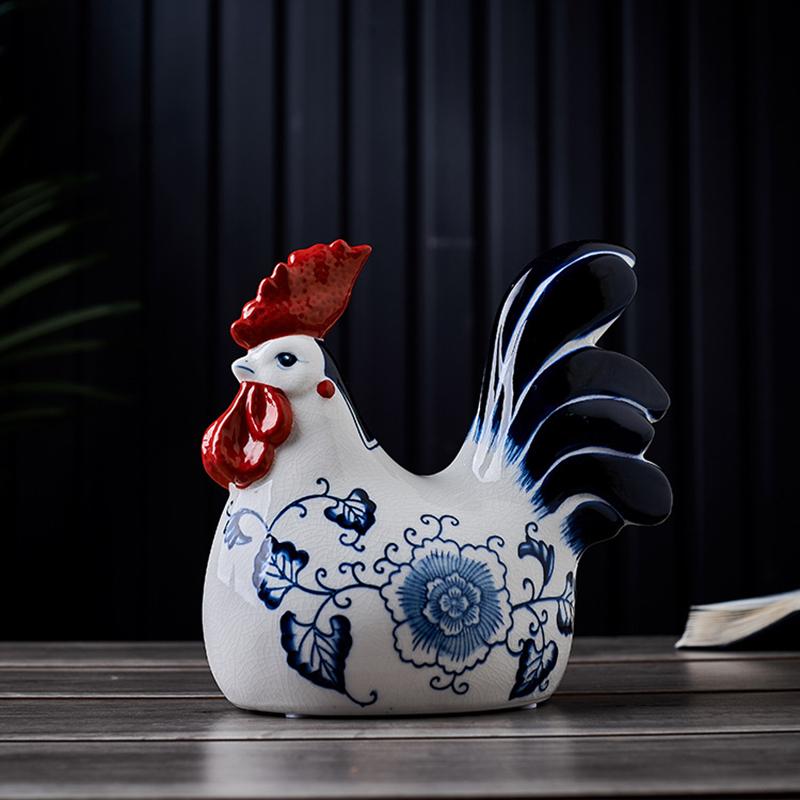 Zodiac Rooster Ornament, Fortune Leads, TV Cabinet, Home Decoration, Living Room Decoration, Blue and White Porcelain Ornament 20.5cmX12cmX20cm