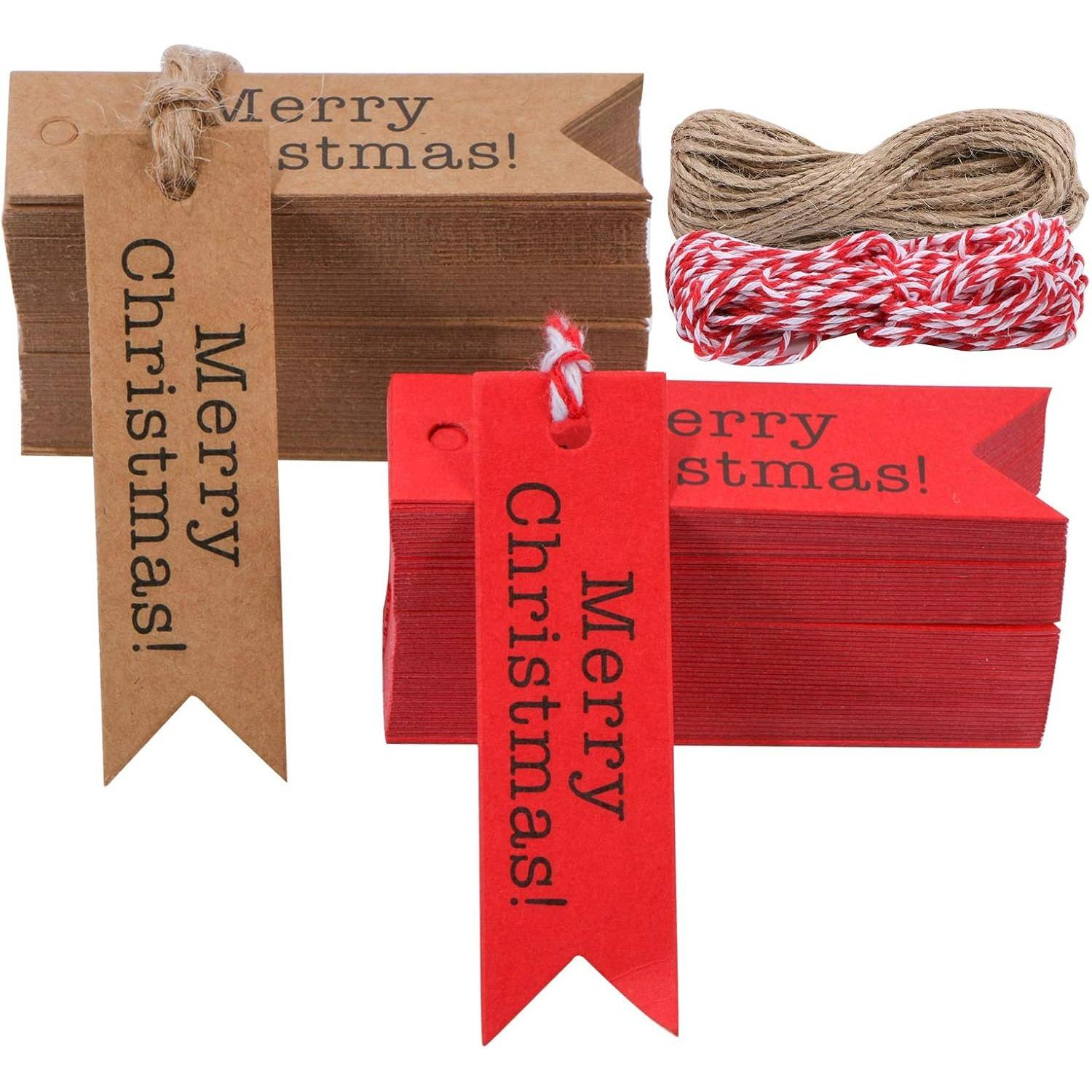 200 PCS Merry Christmas Gift Tags,Mini Kraft Paper Gift Tags,Craft Hanging Decoration Labels with 65.6 Feet Twines String for DIY Art and Home Party Z2