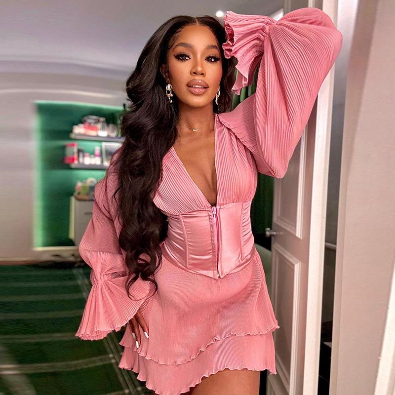 

Женское плиссированное платье с лямкой на бретельках и v-образным вырезом на молнии, повседневный комплект L розовый