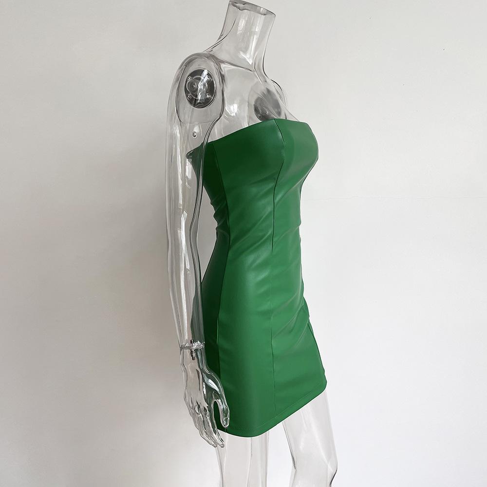 Strapless PU Leather Mini Dress Backless Outfits Summer Night Club Party Bodycon Dresses Sleeveless Solid S-L