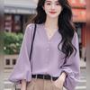 Women's Long Sleeve Blouse V Neck Balloon Sleeve Shirt Loose Temperament Commute Top For Spring