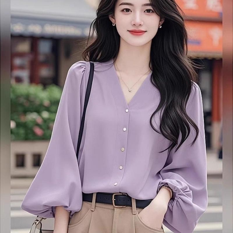 Women's Long Sleeve Blouse V Neck Balloon Sleeve Shirt Loose Temperament Commute Top For Spring