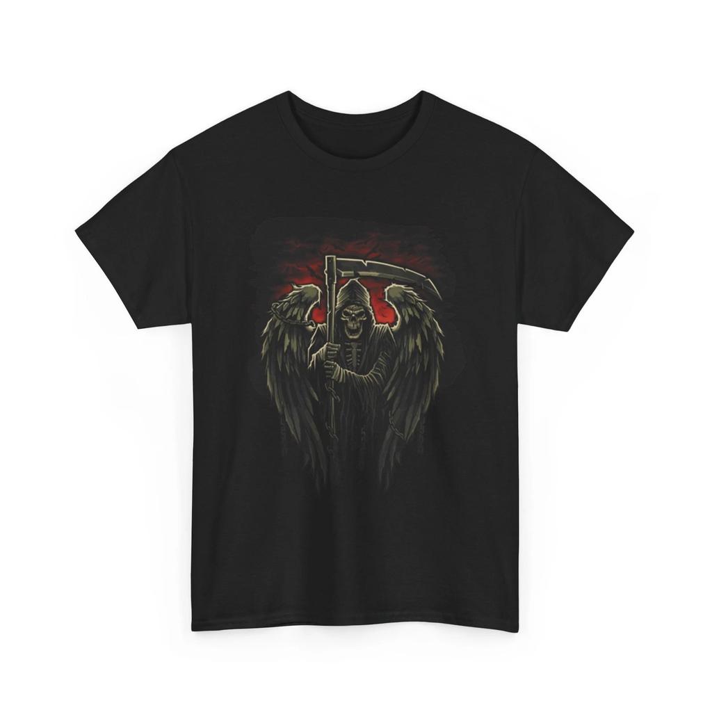 Grim Reaper Winged Skeleton with Sickle in Hell Unisex Heavy Cotton TShirt