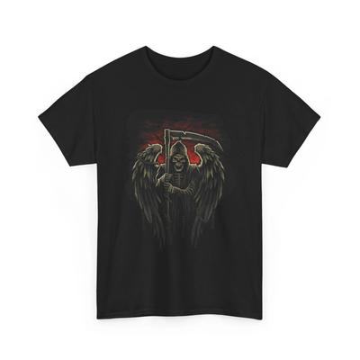 Grim Reaper Winged Skeleton with Sickle In Hell Unisex Heavy Cotton TShirt
