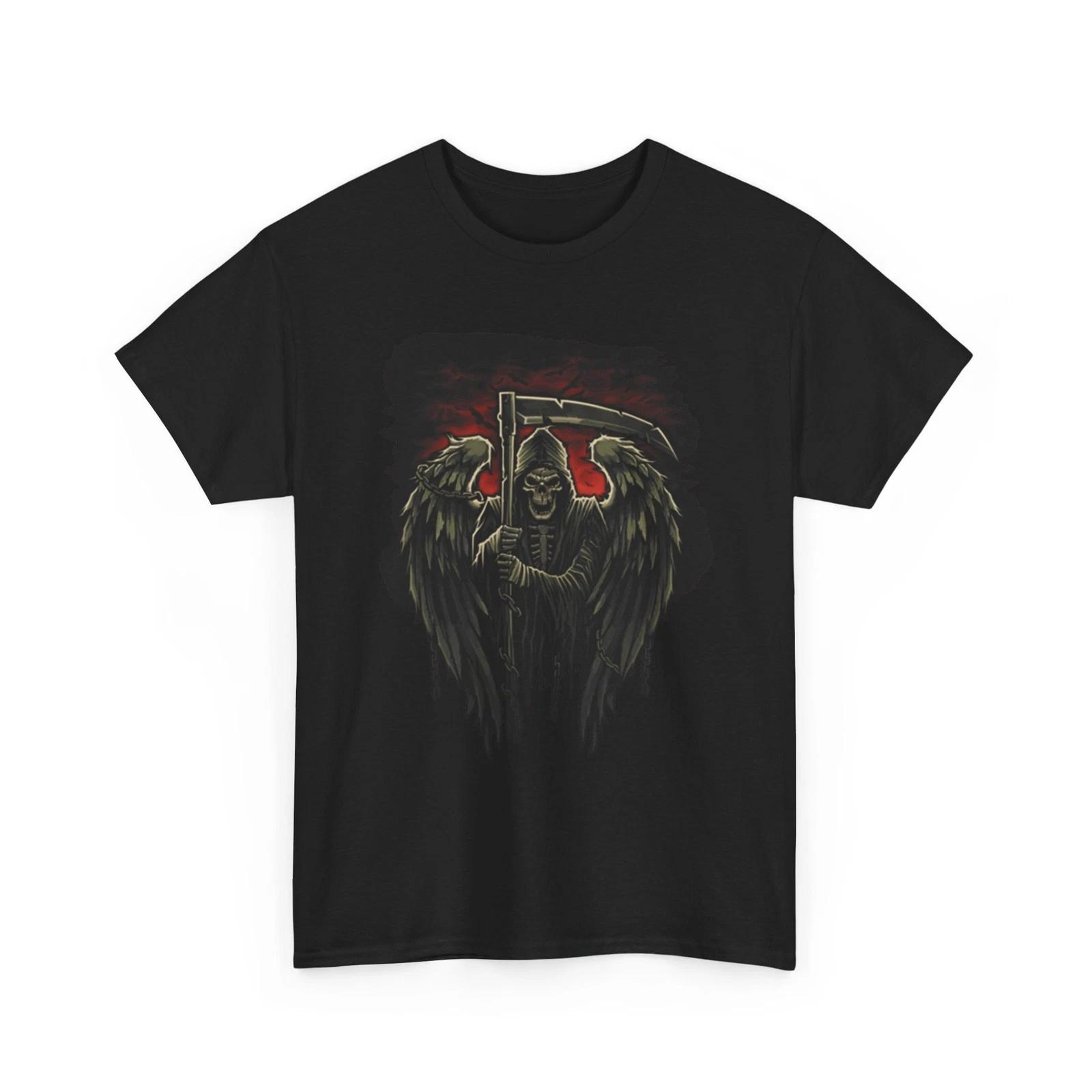 

Grim Reaper Winged Skeleton with Sickle in Hell Unisex Heavy Cotton TShirt S