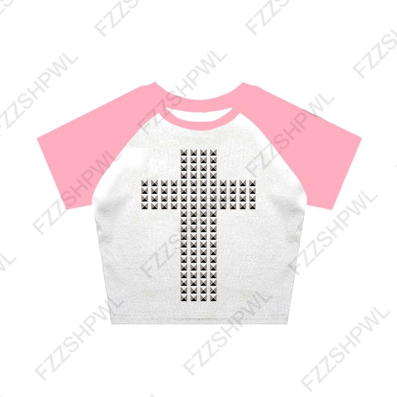 VAYLA Gothic Punk Rock Hip Hop Damska koszulka z krótkim rękawem Seksowna, dopasowana, szykowna, swobodna, podstawowa, metaliczna, dekoracyjna, krótka bluzka Y2K Emo Girl Clothes