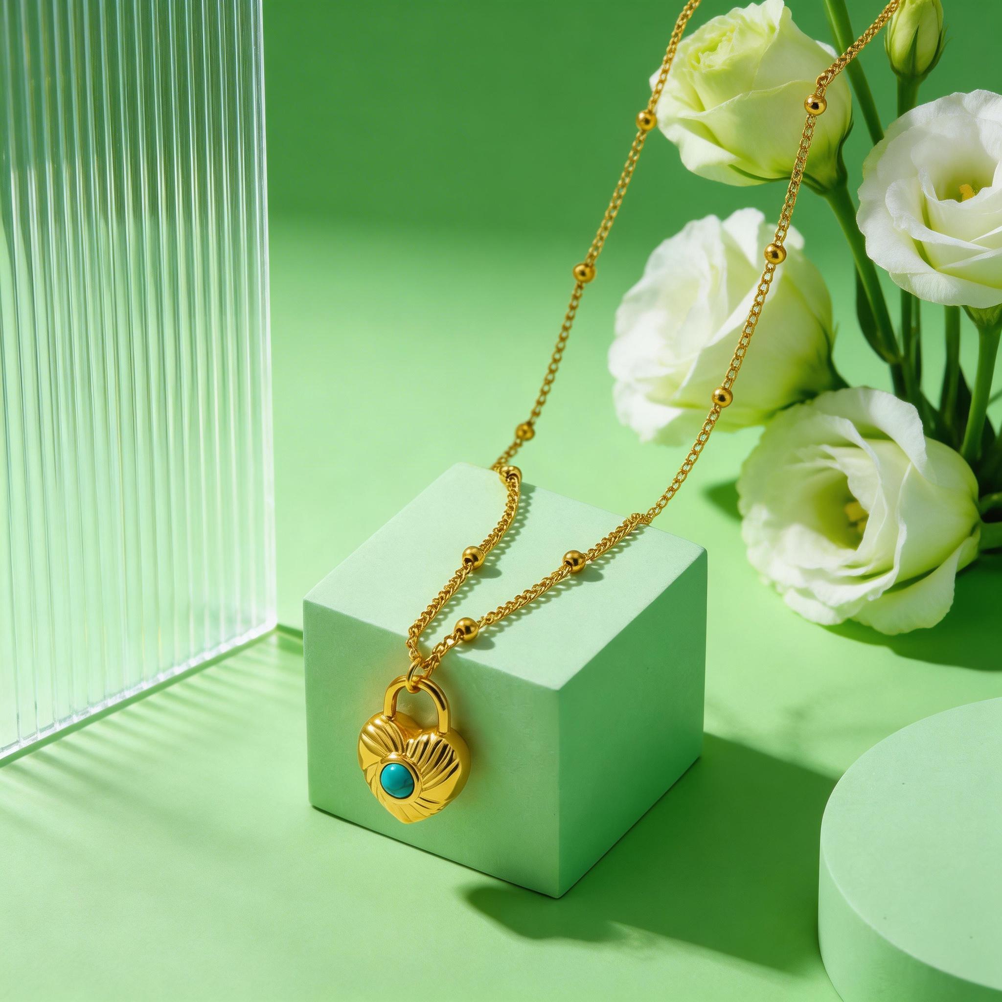 Exquisite Heart-Shaped Lock Pendant Necklace with Turquoise Gold Plated Stainless Steel Bead Chain Necklaces Stylish Jewelry