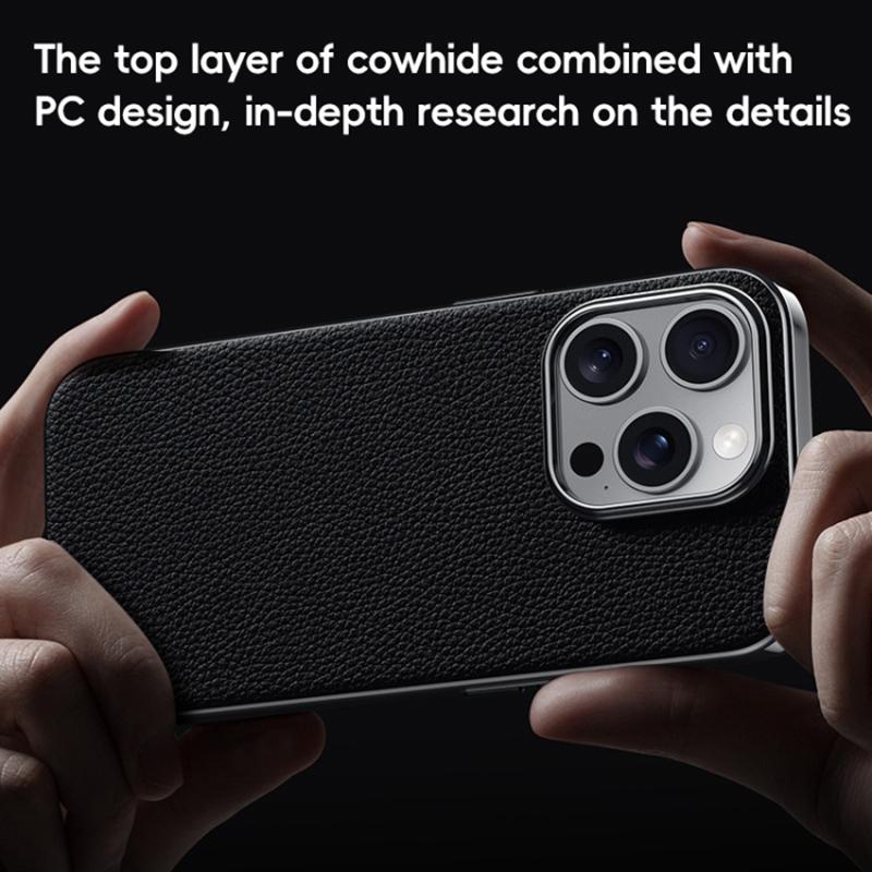For iPhone 16 Pro Case Electroplating Genuine Cow Leather+PC Drop Resistance Phone Cover