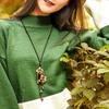 Bronze Flower Long Necklace Square Wood Vintage Necklace Aventurine Crystal Ethnic Handmade Sweater