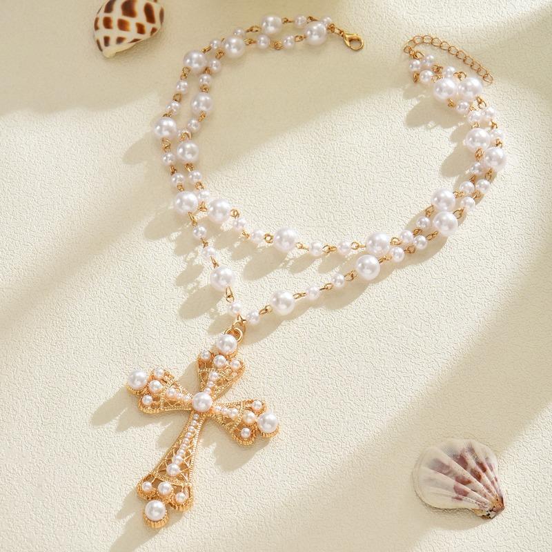 Oversized Cross Necklace Exaggerated Pearl Jewelry Punk Cool Style High-end Women's Necklace