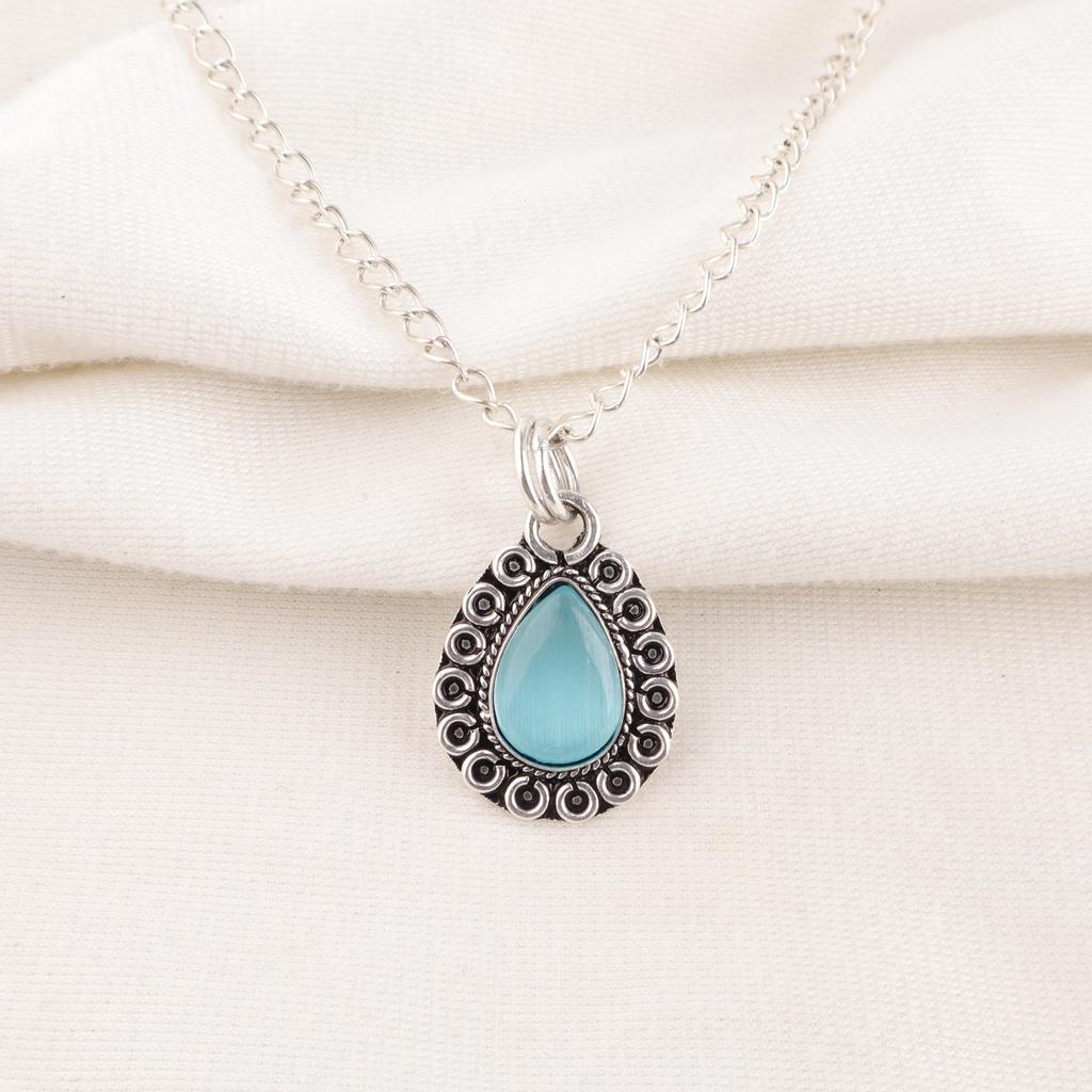 Blue Cat's Eye Gemstone Jewelry, 925 Solid Sterling Silver Pendant, Handmade Wonderful Silver Pendant, Gift For Her