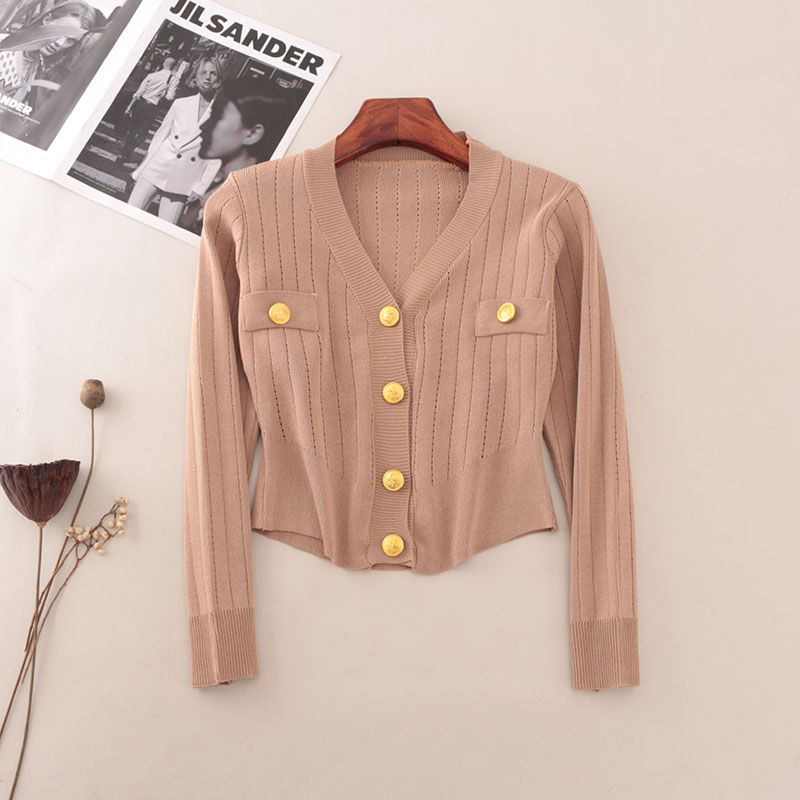 Classic Style V-neck Single Breasted Knitting Cardigan Summer Long-Sleeve Outer Match Short Silm Slim Looking Outer Tops