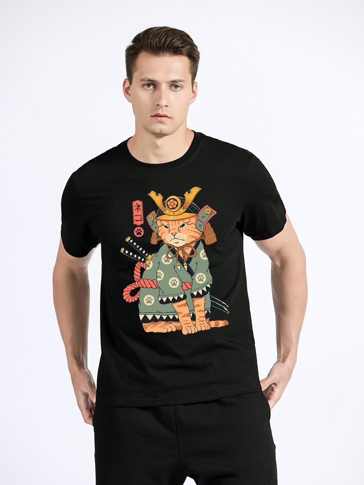 Summer New Men Japanese Samurai Cat Graphic T Shirt Fashion Casual Personality Cool T-shirt Print Cotton Tees Tops