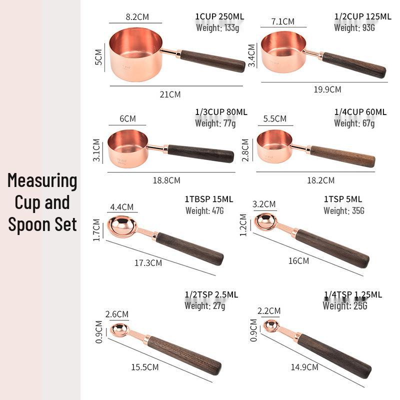 Belly Cup Rose Gold & Walnut Wood Measuring Spoon and Acacia Cup Set