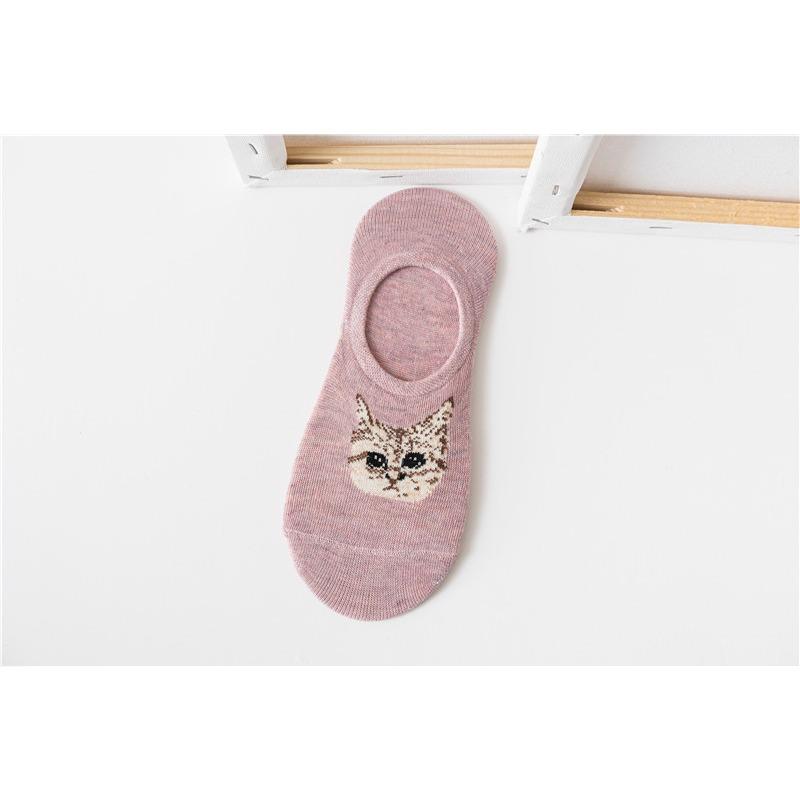 Female Spring and Summer Cotton Cute Cartoon Cat Head Anti Take Off Shallow Mouth Invisible Socks