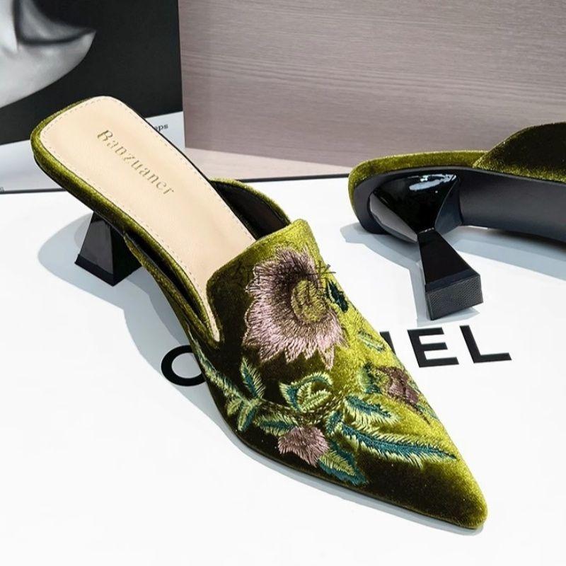 Embroidered Flower Bag Head Half Slippers Summer New Pointed High-heeled Cheongsam Temperament Slippers Women's Summer Outer Wear