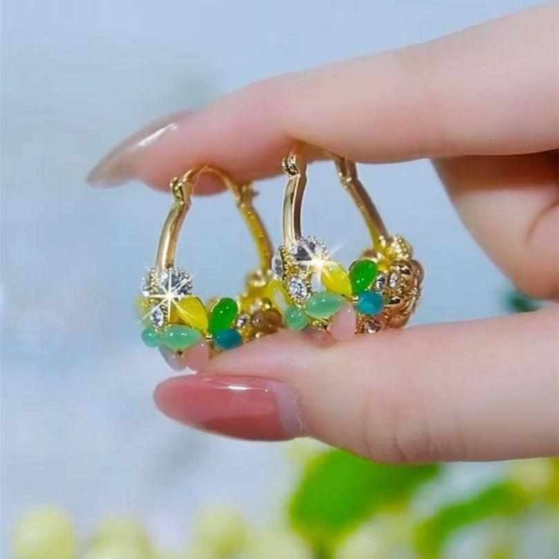 Designed flower earrings, personalized colorful opal flower basket earrings, ear buckles