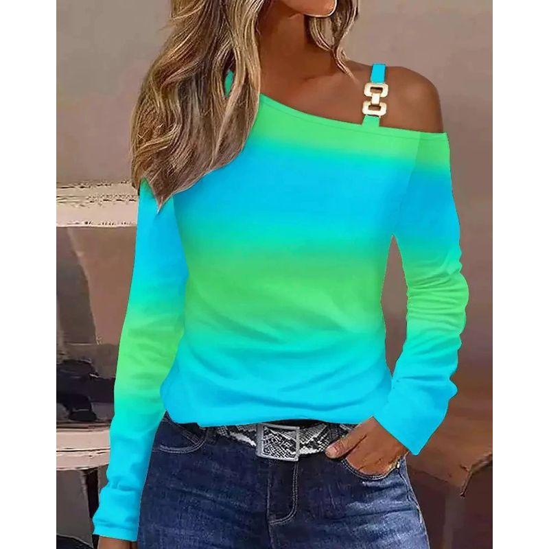 

Shoulder Collar Long Sleeved Shirt for Women Sloping Shoulder Collar Long sleeve Shirts Women Blue-green gradient S