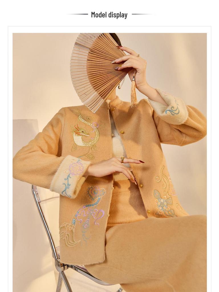 Embroidery Merino Wool Two-Color Double-Sided Coat and Skirt Set in New Chinese Style