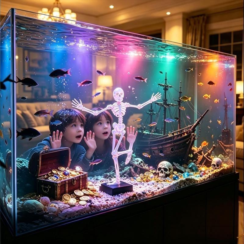 1Pcs Dancing Skeleton Aquarium Bubbler Unique 3D Printed Plastic Skull Ornament for Fish Tank Landscaping